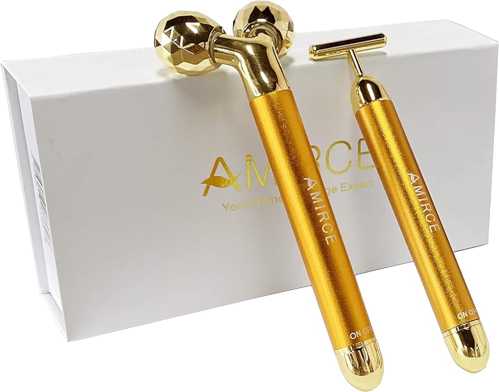 Amirce Face Massager Roller Golden 3D Roller Electric Facial Roller and T Shape Facial Roller Massager Kit