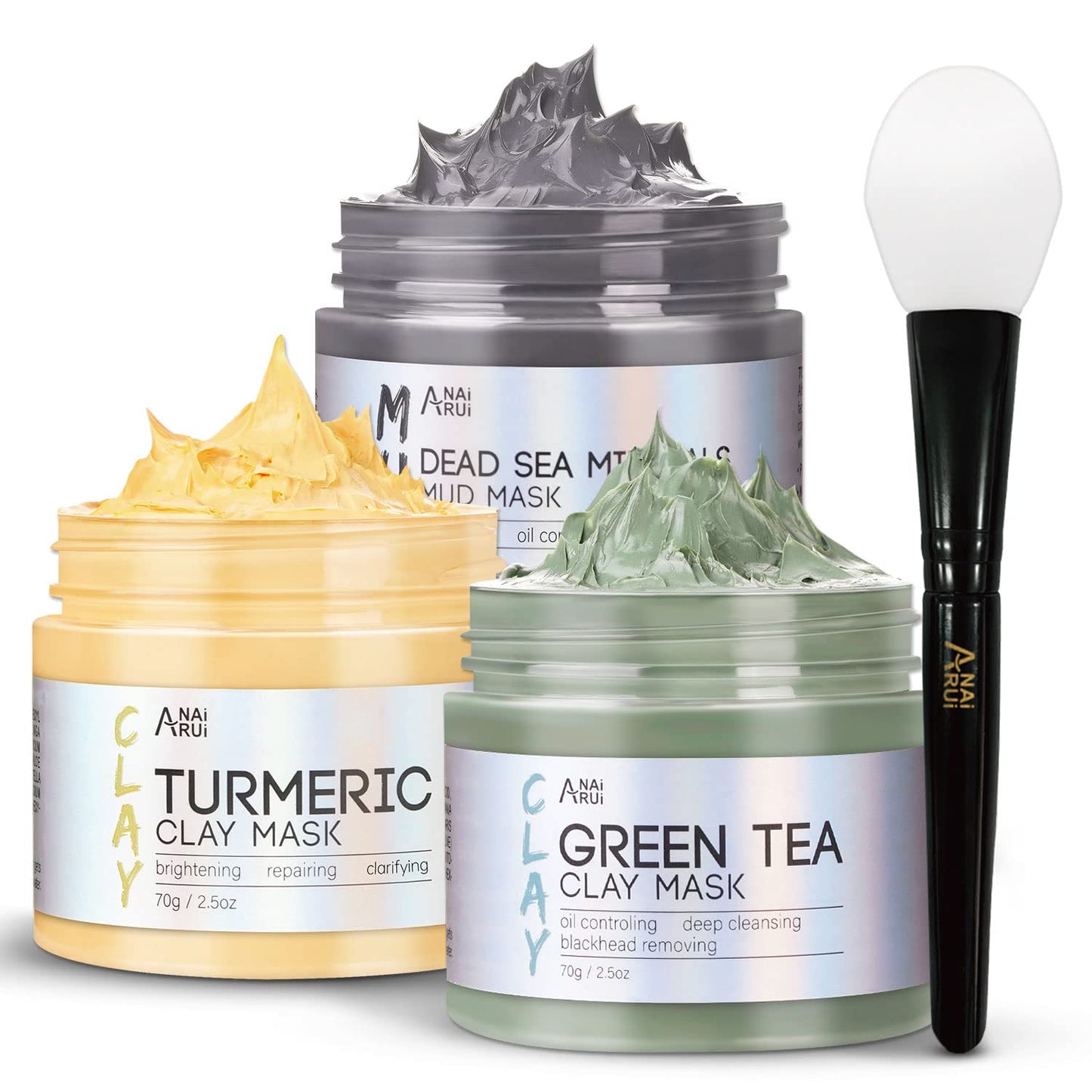 ANAI RUI Turmeric Clay Mask - Green Tea and Dead Sea Minerals, Spa Facial Mask Set for Pore Treatment/Smooth/Clarify, Indoor Use, 2.5 oz each