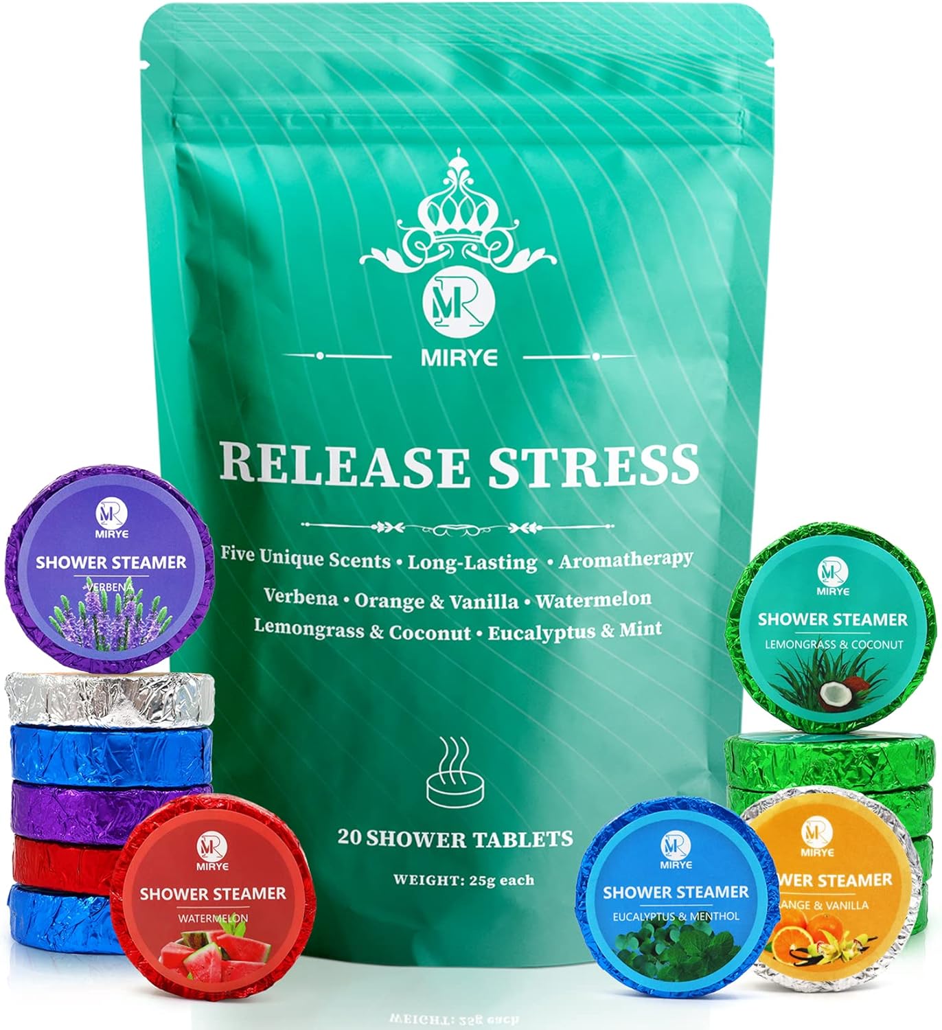 MR MIRYE Shower Steamers Aromatherapy, 20-Pack Shower Bombs Organic with Verbena, Orange&Vanilla, Watermelon, Lemongrass&Coconut, Eucalyptus&Mint Essential Oil, Birthday Mothers Day Gifts for Her
