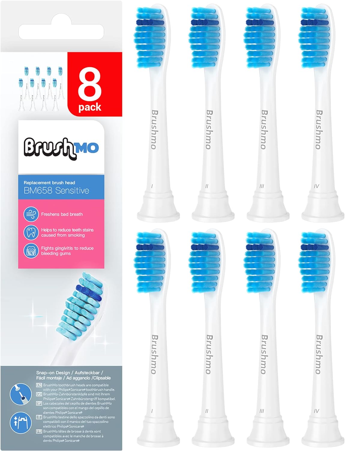 Brushmo Sensitive Replacement Toothbrush Heads Compatible with Sonicare HX6053, 8 Pack