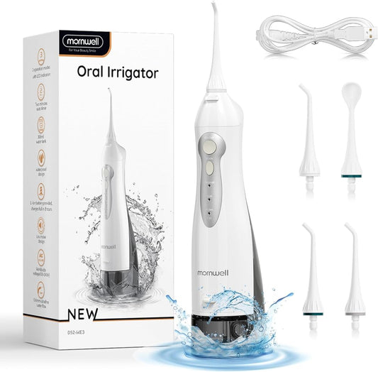 Water Flosser Cordless, Mornwell Water Flossers for Teeth - 300ML Tank and 4 Jet Tips, 3 Modes Portable Dental Oral Irrigator, Braces Care, Rechargeable Waterproof Portable Water Flosser, White