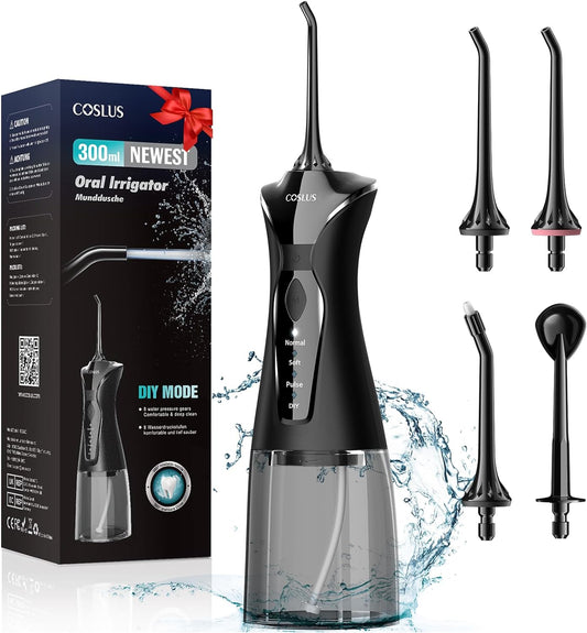 COSLUS Water Dental Flosser Pick for Teeth: 4 Modes Cordless Portable 300ML Larger Tank Water Teeth Cleaner IPX7 Waterproof Oral Irrigator Professional Flossing Cleaning Picks for Home Travel FC5360