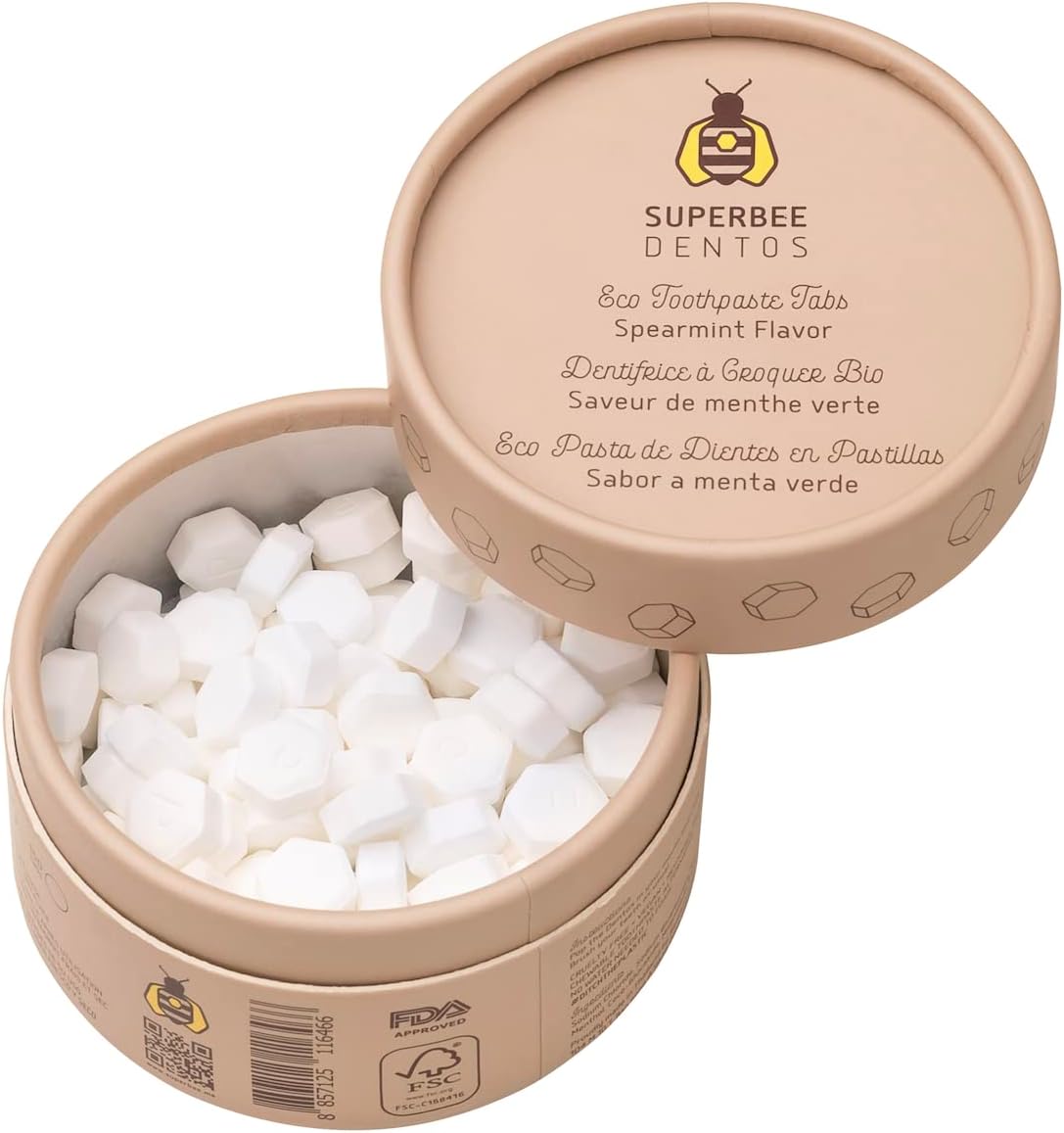 SuperBee Dentos Toothpaste Tablets, 100 Toothpaste Tabs, Fluoride Free & Eco Friendly, Travel Mouthwash Tablets, Sensitive Toothpaste Bites Kids Adults, Chewable Toothpaste Tablet, Spearmint